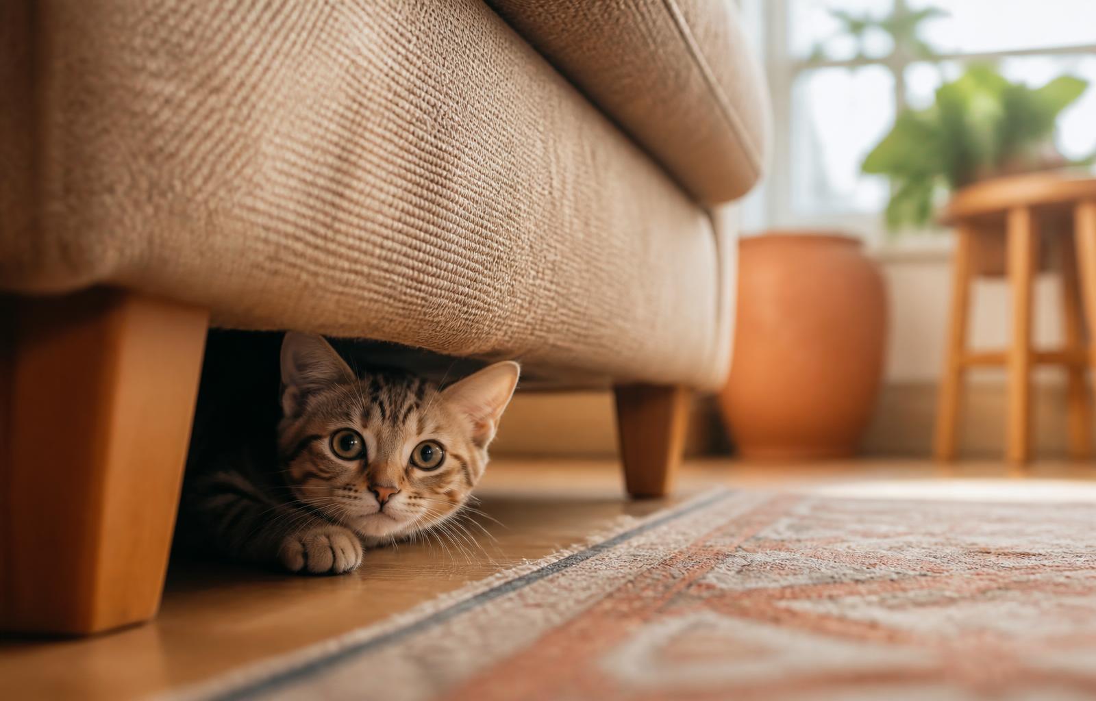 Gato recém-adotado espiando embaixo do sofá em uma sala aconchegante